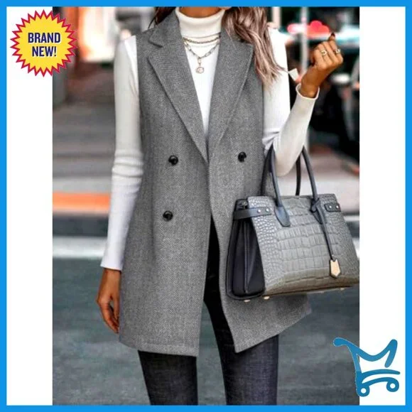 Sleeveless Tweed Vest Blazer, Wool Blend, Double Breasted, Business Casual - Picture 3 of 5